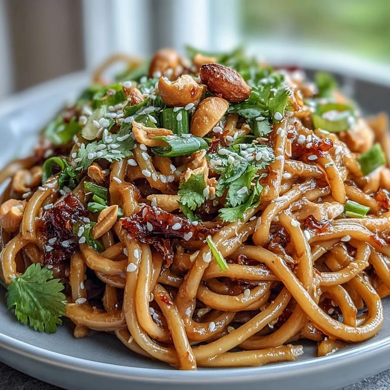 Crunchy Thai peanut noodle salad topped with roasted peanuts, cilantro, and colorful vegetables, perfect for lunch.