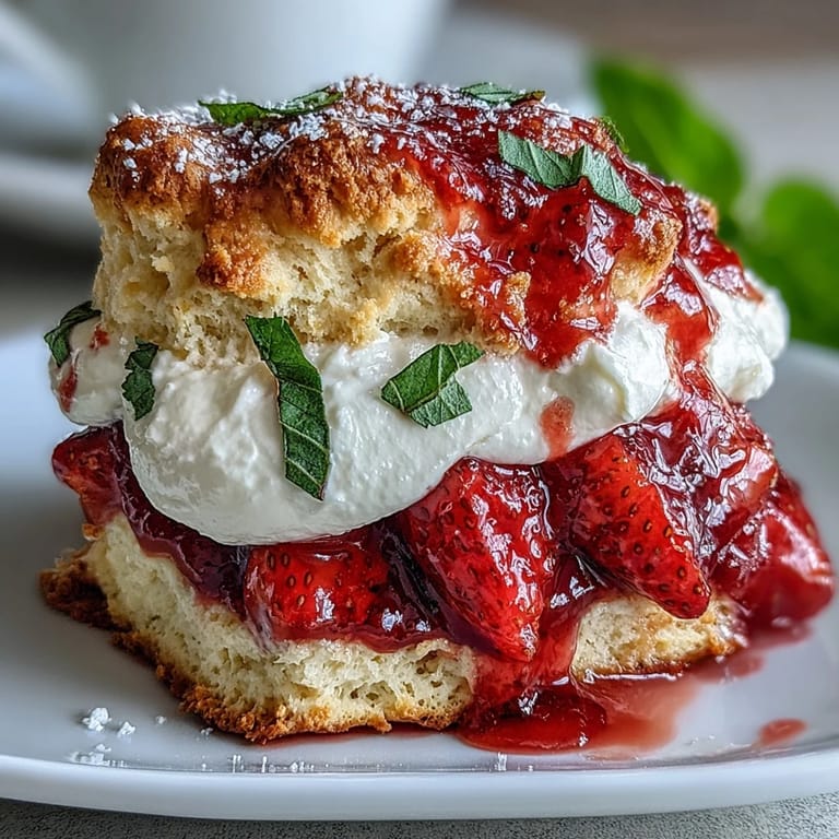 Buttery biscuits layered with juicy strawberries, fragrant basil, and sweet whipped cream.  