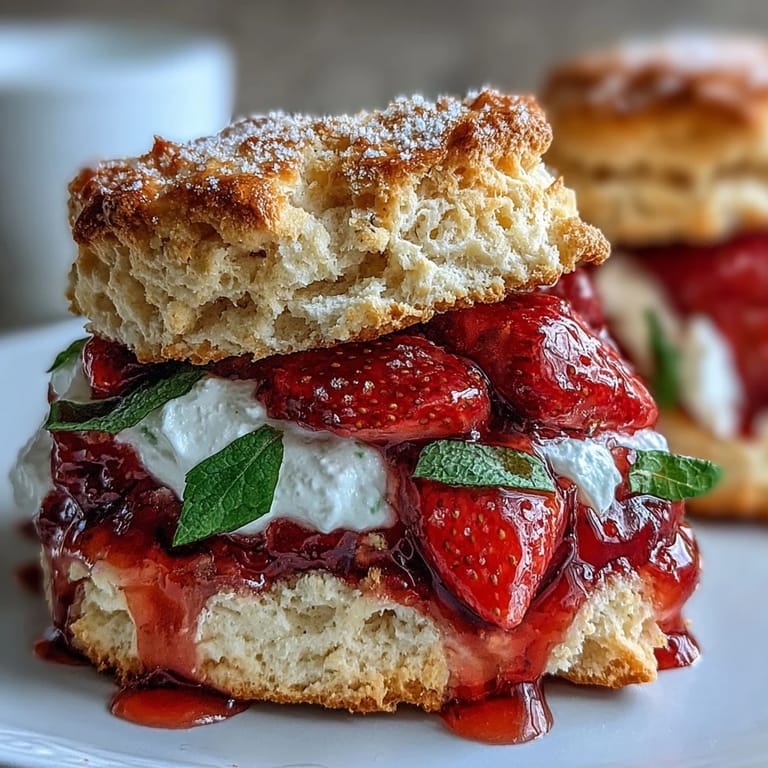Golden shortcake biscuits topped with strawberries, basil, and a cloud of whipped cream.