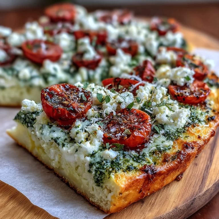 Golden cottage cheese flatbread spread with vibrant pesto and garnished with fresh basil and cherry tomatoes.