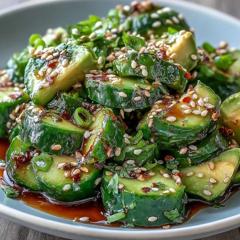 Crisp smashed cucumber and avocado salad with nutty sesame dressing, perfect for a light vegan lunch or refreshing side.