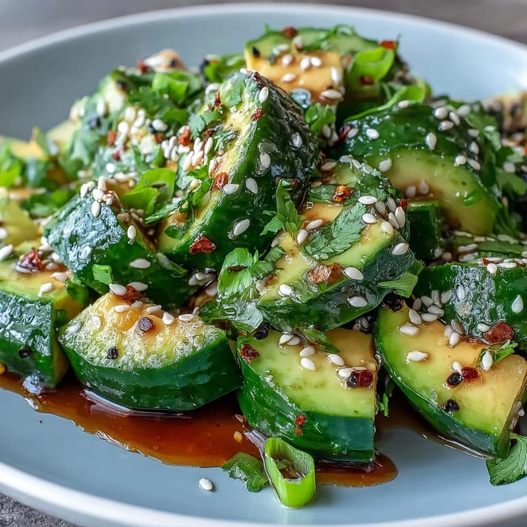 Fresh smashed cucumbers and creamy avocado tossed in sesame-ginger dressing, garnished with cilantro and sesame seeds for crunch.