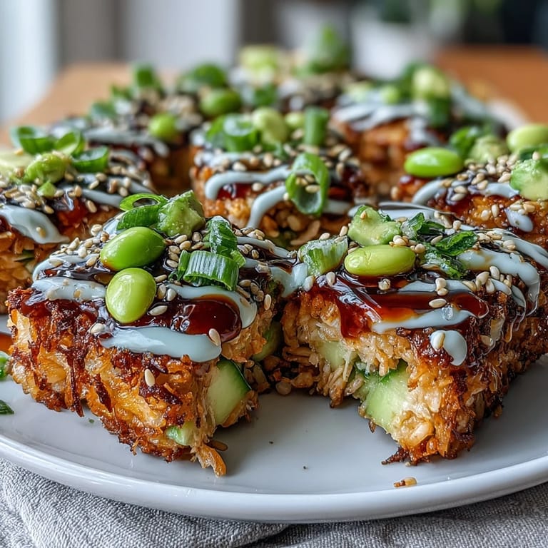 Golden fried rice squares layered with creamy avocado, zesty spicy tuna, and crunchy vegetables in a vibrant bowl.  