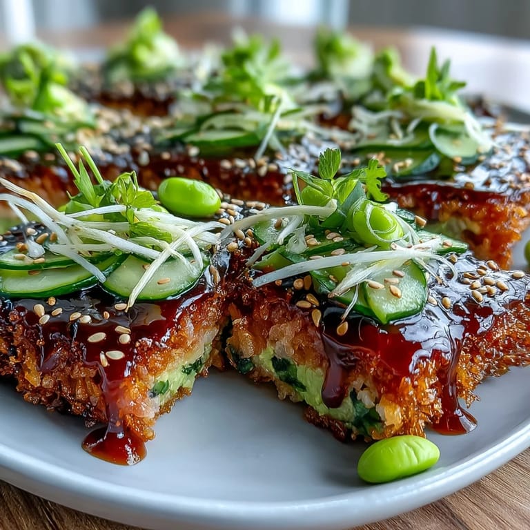 Japanese-inspired crispy rice salad featuring spicy tuna, diced avocado, and tangy dressing for bold, satisfying flavors.