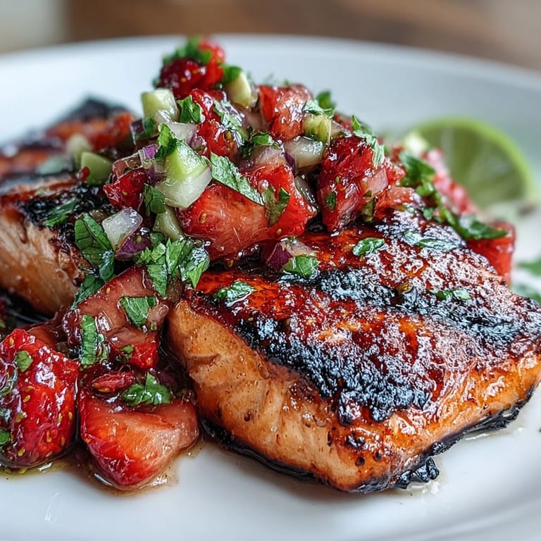 Perfectly grilled salmon served with a bright strawberry avocado salsa, ideal for easy summer entertaining.