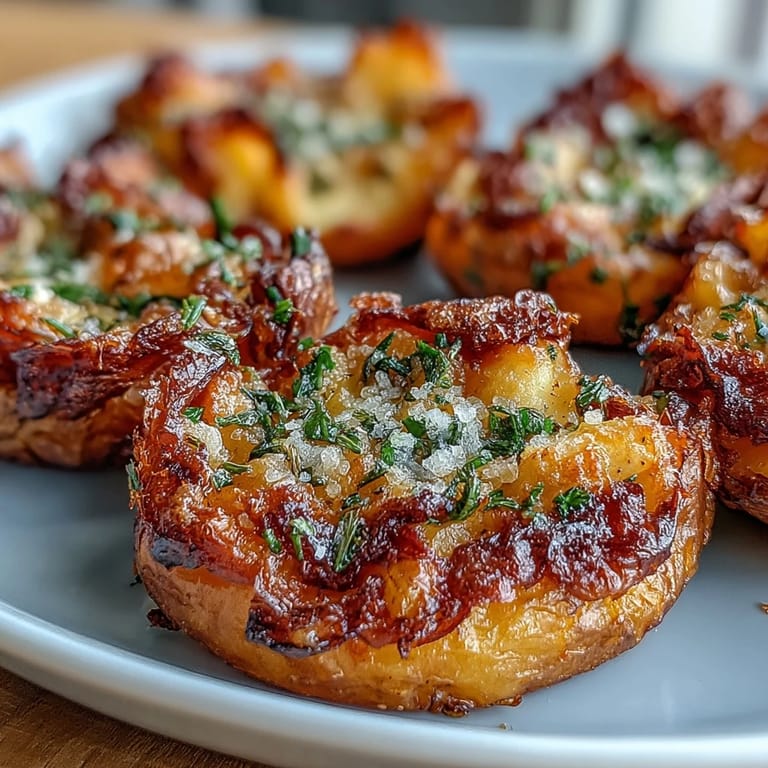 Roasted baby potatoes smashed and drizzled with olive oil, offering a crunchy texture and savory flavor.