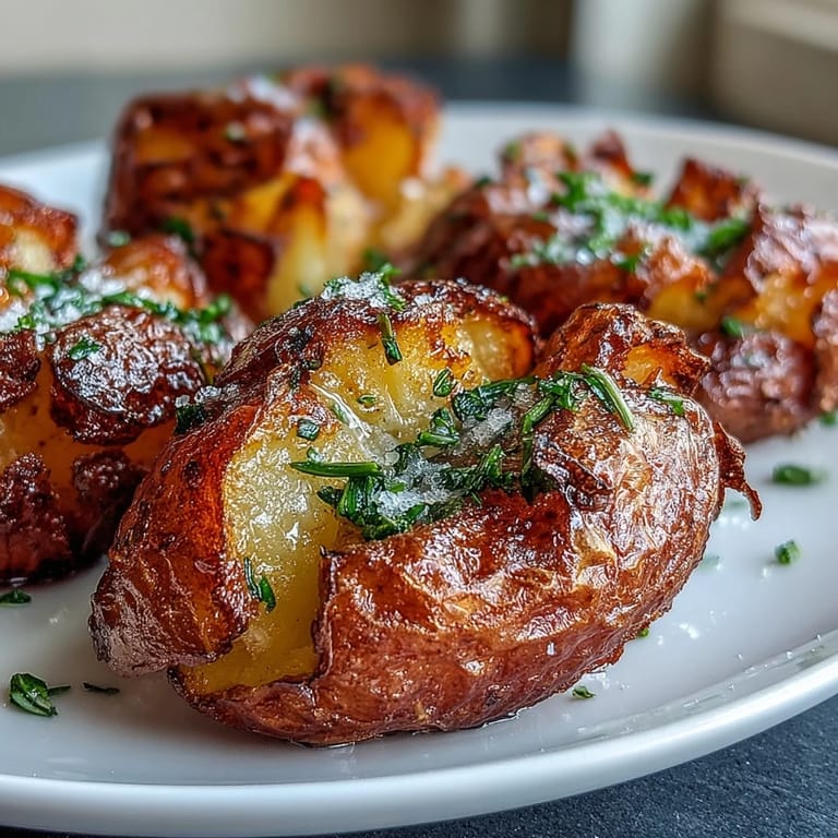 Golden crispy smashed potatoes topped with flaky sea salt and aromatic herbs, ideal for any meal.
