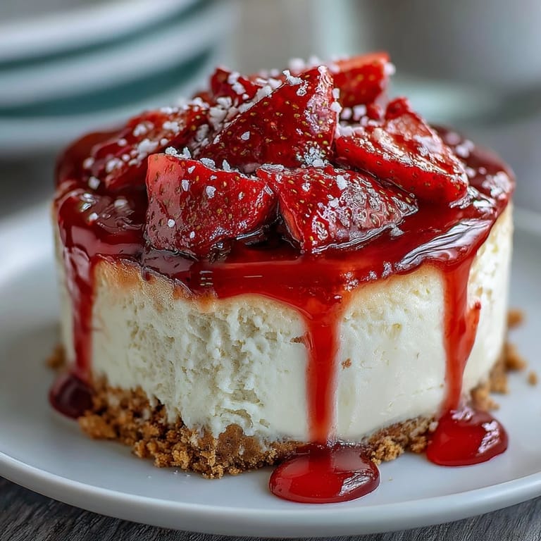 No-bake strawberry cheesecake featuring smooth vanilla cream cheese filling layered over a crisp graham cracker base and crowned with glossy strawberry sauce.