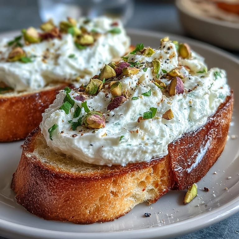 Golden baguette slices spread with fluffy ricotta, drizzled with honey, and garnished with lemon zest and pistachios for a sweet-savory bite.