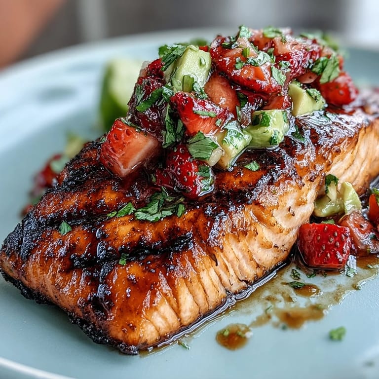 Delicious grilled salmon fillets topped with a refreshing strawberry avocado salsa for a healthy, colorful meal.  