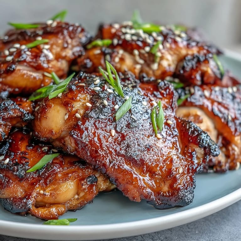 Oven-baked chicken thighs coated in a sticky soy and garlic glaze, caramelized to perfection and sprinkled with toasted sesame seeds.  