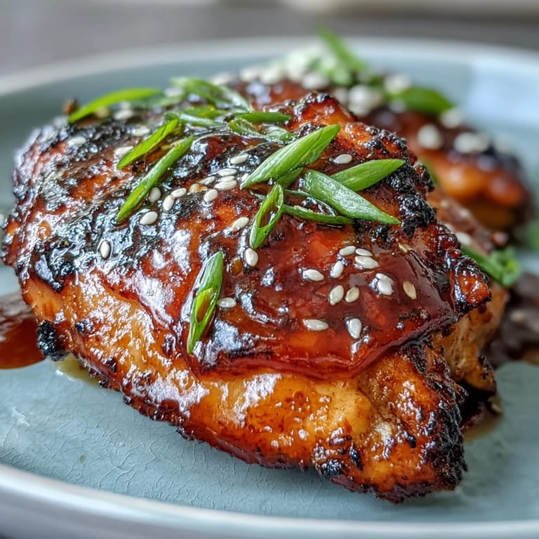 Savory-sweet soy glazed chicken thighs with tender meat and glossy glaze, arranged on a serving plate with fresh green onion garnish.