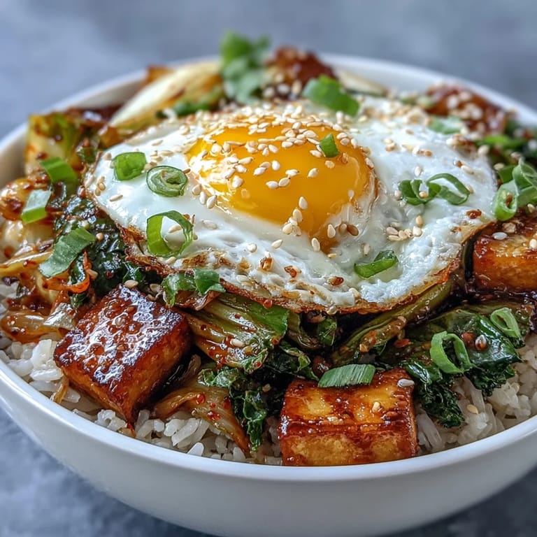 Vibrant fermented cabbage kimchi fried rice bowl, perfect for a quick weeknight dinner.
