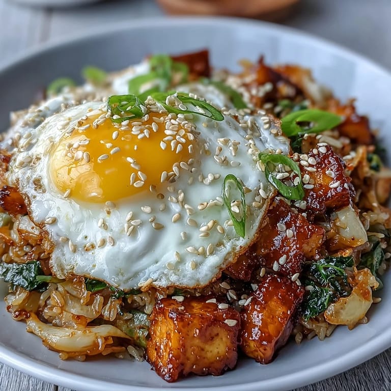 Flavorful Korean-inspired kimchi fried rice bowl topped with fresh green onions.
