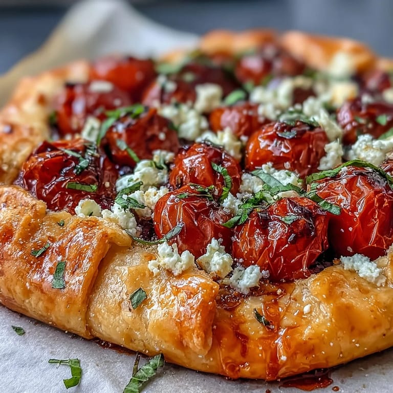 Enjoy this delightful feta galette, baked to perfection with sweet roasted tomatoes.