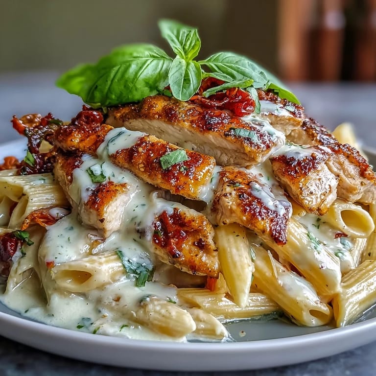 Viral Marry Me Chicken Pasta bursting with parmesan cream sauce and fresh basil garnish.