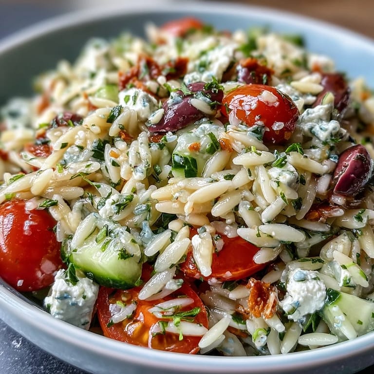 Vibrant orzo salad featuring creamy feta, crisp vegetables, and zesty lemon.