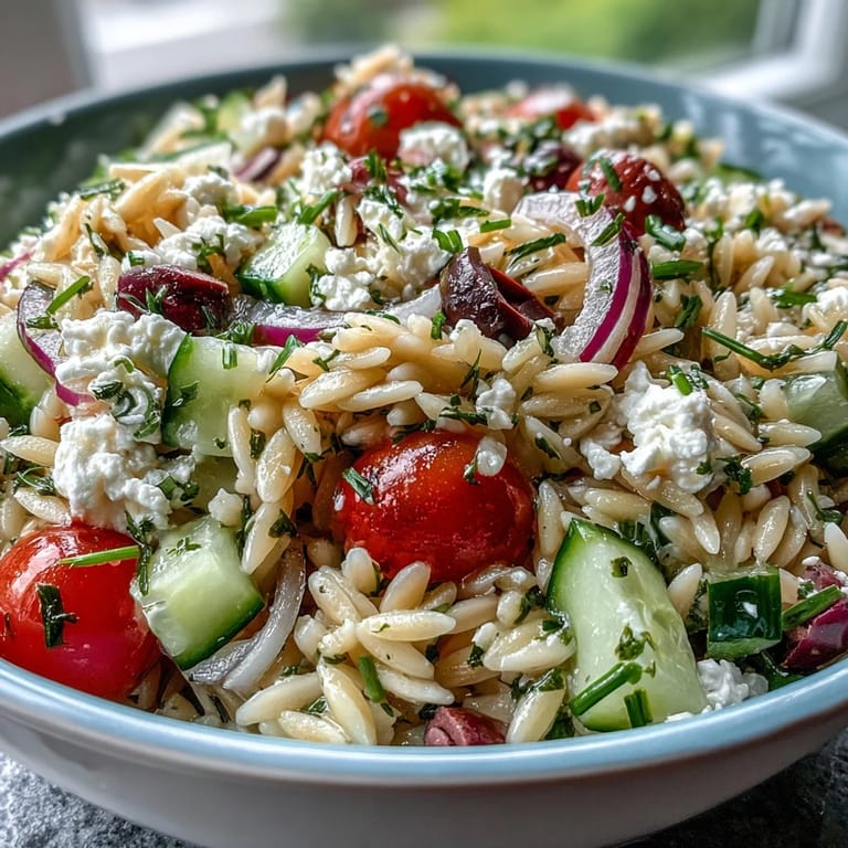 Mediterranean summer orzo salad, perfect served chilled with crumbled feta.