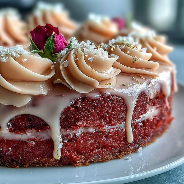 Delicate rosé velvet cake, beautifully decorated with a flowing gold drip.