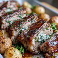 A succulent rack of lamb with golden potatoes studded with green olives, served for an elegant dinner.  
