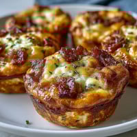 Freshly baked Ranch Bacon Breakfast Egg Bites with melted cheddar and crispy bacon bits in a muffin tin.