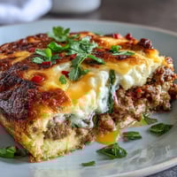Freshly baked Keto Sausage and Egg Breakfast Bake with peppers, cheese, and golden-brown eggs in a dish.