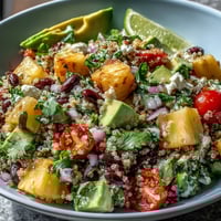 Fluffy quinoa and sweet pineapple in Tropical Quinoa Salad with Pineapple and Black Beans served in a glass bowl.