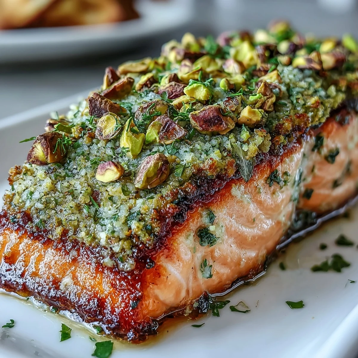 A golden pistachio crust coats tender salmon filets, pan-seared to perfection for a nutty, herb-infused main dish.
