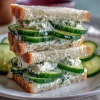 Cucumber tea sandwiches with herbed cream cheese on soft white bread, perfect for elegant afternoon tea or light snacking.
