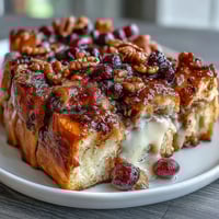 Golden-baked French toast casserole loaded with juicy blueberries, vanilla custard, and a buttery cinnamon topping, perfect for a festive brunch.