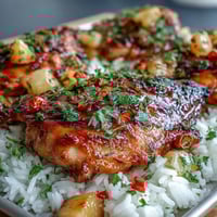 Grilled foil packet with juicy chicken, pineapple, and vegetables over rice, drizzled with savory soy-honey sauce.