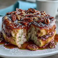 A golden-baked pancake casserole with fluffy layers and a sweet maple syrup drizzle, perfect for a cozy breakfast.