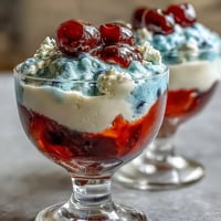 Red, white, and blue layered Jello cups in clear glasses, showing vibrant stripes of strawberry, white gelatin, and blue raspberry layers, chilled and ready to serve.