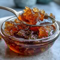 A golden jar of dandelion jelly glistens on a rustic wooden table, inviting spring's floral sweetness.