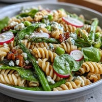 Spring pasta salad with lemon vinaigrette and radishes, vibrant mix of crisp vegetables and tender pasta, perfect for picnics and light lunches.