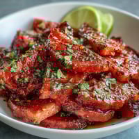 Juicy watermelon slices topped with zesty Tajin seasoning and fresh lime wedges make a perfect summer snack bursting with flavor.