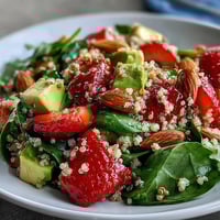 Fresh strawberry avocado quinoa salad with citrus dressing in a white bowl, perfect for summer lunches.