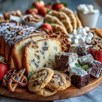 Festive dessert board with cake slices, cookies, and brownie bites, decorated with berries and marshmallows for a graduation celebration.