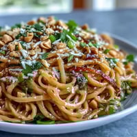 Vibrant Thai peanut noodle salad with creamy lime dressing, crisp veggies, and fresh herbs in a colorful bowl.