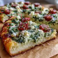 Fresh cottage cheese flatbread topped with basil pesto and juicy cherry tomatoes, perfect for a light high-protein meal.