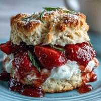 Strawberry Basil Shortcake Biscuits with whipped cream and fresh basil.  