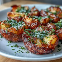 Crispy smashed potatoes with golden edges, seasoned with garlic and fresh herbs, perfect as a side dish.