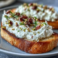 Buttery toasted sourdough topped with creamy whipped ricotta, honey drizzle, and crunchy pistachios for an elegant appetizer.