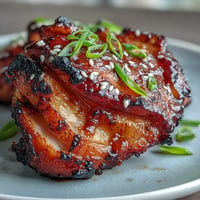 Golden soy glazed chicken thighs with crispy skin, served on a white platter and garnished with sesame seeds and sliced green onions.  