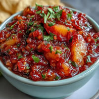 Fruity Peach Jalapeño Salsa with vibrant, sweet heat atop grilled fish.
