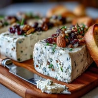 Whipped butter board with fresh herbs, pomegranate seeds, and toasted nuts, served with crusty baguette slices.