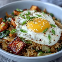 Spicy kimchi fried rice bowl with golden fried egg, ready in twenty-five minutes.