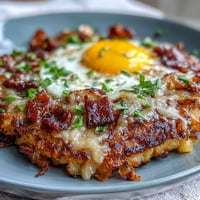 Loaded Hash Brown Skillet: Golden crispy potatoes, melty cheese, and runny eggs served family-style.